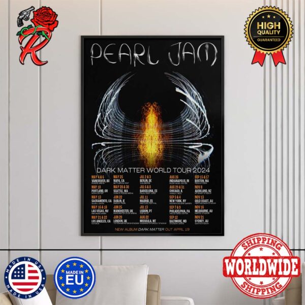 Official Pearl Jam Dark Matter World Tour 2024 Tour List Home Decor Poster Canvas