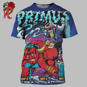 Primus Tonight VIP Poster For The Show In The Wilkes Barre PA Asheville NC And Charleston SC Shows From May 6 to May 9 2024 Devil Tearing Up Gets Tattooed By A Chimp Angel 3D Shirt