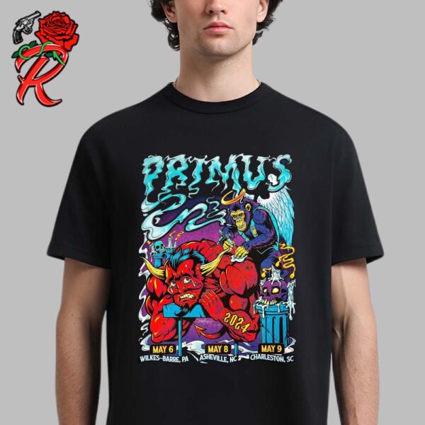 Primus Tonight VIP Poster For The Show In The Wilkes Barre PA Asheville NC And Charleston SC Shows From May 6 to May 9 2024 Devil Tearing Up Gets Tattooed By A Chimp Angel T-Shirt