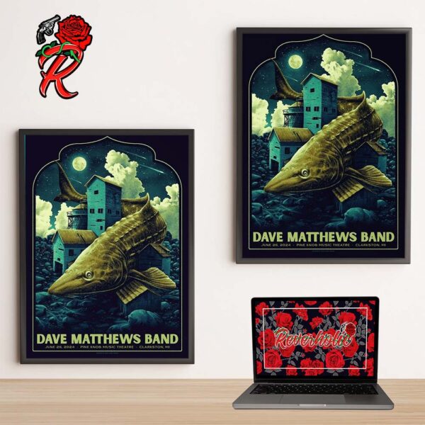 Dave Matthews Band Poster For The 2024 Tour Stop In Clarkston Miami At Pine Knob Music Theatre On June 26 2024 Home Decor Poster Canvas