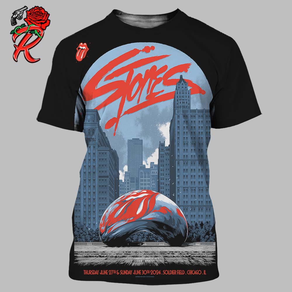 The Rolling Stones Lithograph Poster For The Concert In Chicago Illinois 2024 At Soldier Field On June 27 And 30 2024 The Bean Cloud Gate Art All Over Print Shirt