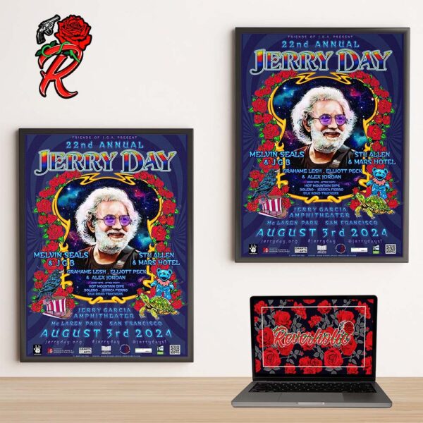 22nd Annual Jerry Day Celebrate The Greatest Rock Guitarist Of All Time Poster For The Show At Jerry Garcia Amphitheater In McLaren Park San Francisco On August 3rd 2024 Decor Poster Canvas