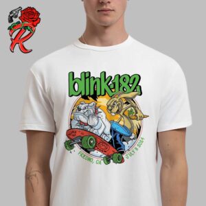 Blink 182 Merch For The Show In Fresno CA At Save Mart Center On July 8 2024 One More Time Tour Rabbit And Bulldog Skating Artwork Unisex T-Shirt