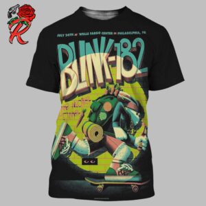 Blink 182 One More Time Tour Philadelphia PA Event Poster For The Show At Wells Fargo Center On July 26th 2024 Skating Rabbit Artwork All Over Print Shirt