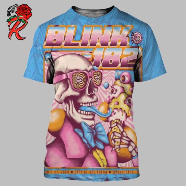 Blink 182 One More Time Tour Poster For The Show In Washington DC At Capital One Arena On July 27 2024 Trippy Skeleton With Ice Cream Artwork All Over Print Shirt