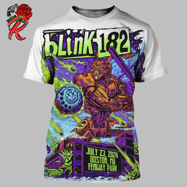 Blink 182 Round 2 For Brian Allen Poster For The Concert At Fenway Park In Boston MA On July 23 2024 Giant Robot Rabbit Defending The Ballpark Artwork All Over Print Shirt