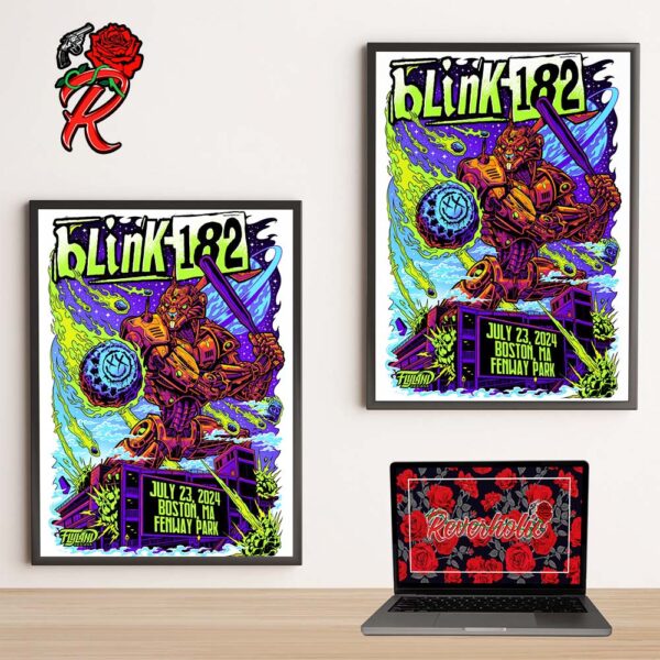 Blink 182 Round 2 For Brian Allen Poster For The Concert At Fenway Park In Boston MA On July 23 2024 Giant Robot Rabbit Defending The Ballpark Artwork Home Decor Poster Canvas