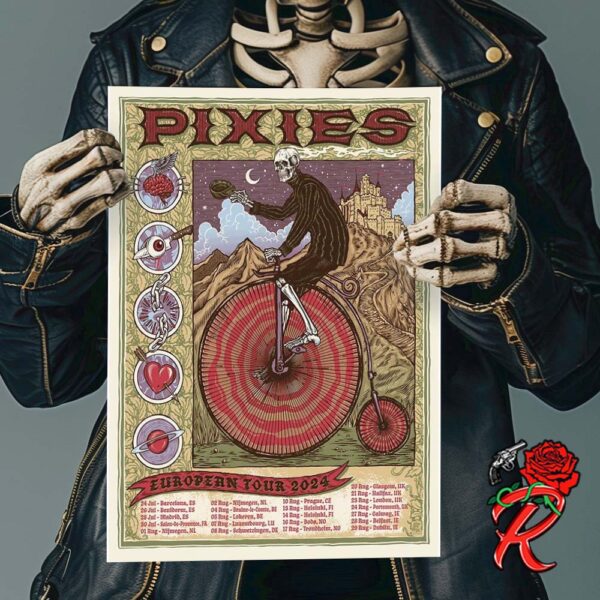 Pixies New European Tour 2024 Tour Dates List Skeleton Riding A Penny Farthing Bicycle Home Decor Poster Canvas