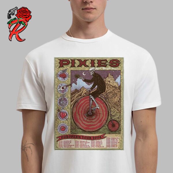 Pixies New European Tour 2024 Tour Dates List Skeleton Riding A Penny Farthing Bicycle Unisex T-Shirt