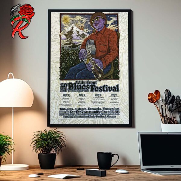 Portland Waterfront Blues Festival 2024 Poster White Version For The Event From July 4 to 7 2024 Wall Decor Poster Canvas