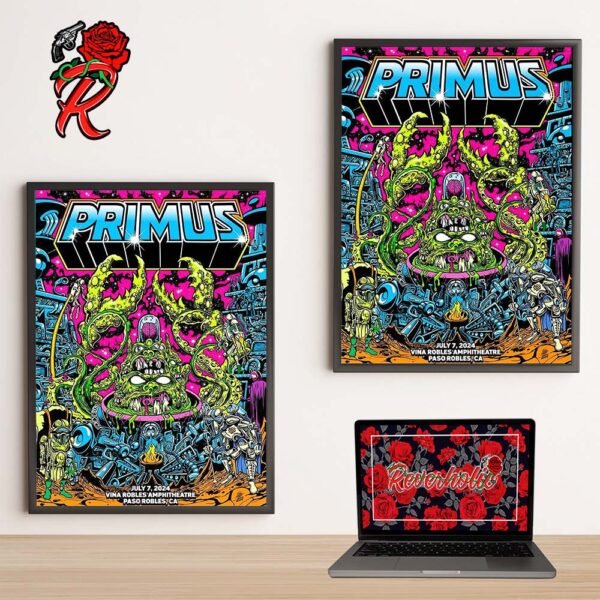 Primus Poster For Tonight Show In Paso Robles CA At Vina Robles Amphitheatre On July 7 2024 Home Decor Poster Canvas