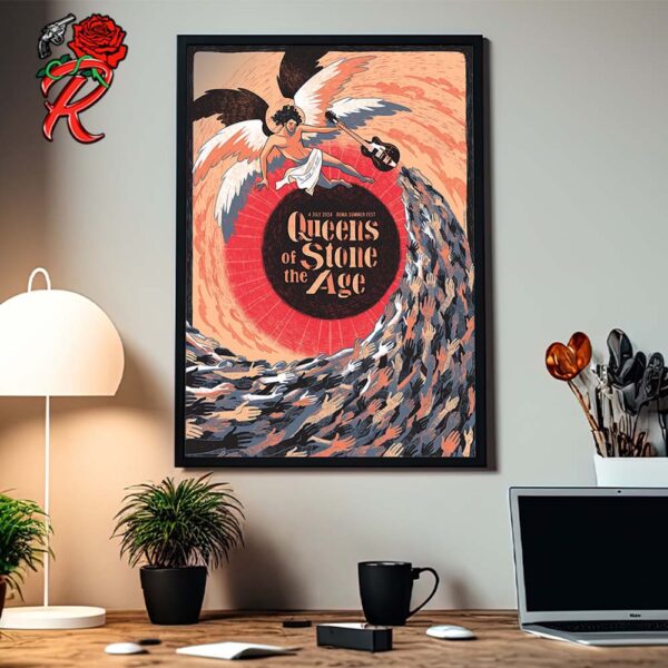 Queens Of The Stone Age Gig Poster For Roma Summer Fest In Rome Italy On 4 July 2024 Angel With Guitar Artwork Home Decor Poster Canvas