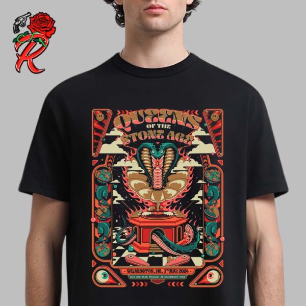 Queens Of The Stone Age Poster For The Show In Wilmington NC On 7th May 2024 At Live Oak Bank Pavilion At Riverfront Park Snake Pinball Style Unisex T-Shirt