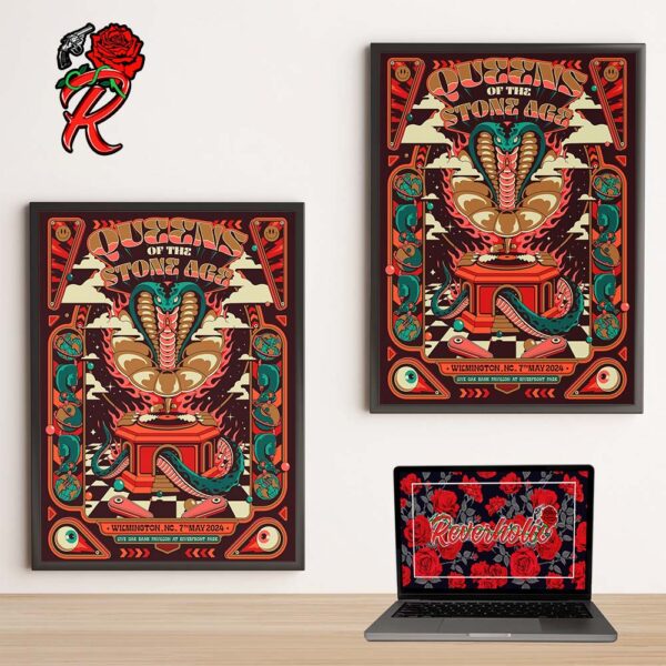 Queens Of The Stone Age Poster For The Show In Wilmington NC On 7th May 2024 At Live Oak Bank Pavillon At Riverfront Park Pinball Snake Style Home Decor Poster Canvas