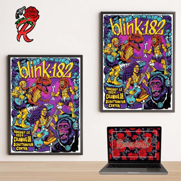 Blink 182 Event Merch Poster For Columbus Ohio At Schottenstein Center On August 13 2024 Prehistoric Rock Band Artwork Home Decor Poster Canvas