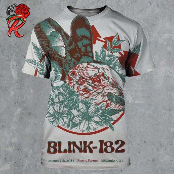 Blink 182 Merch Event Poster For Milwaukee WI At Fiserv Forum On August 7 2024 Rabbit Floral Artwork All Over Print Shirt