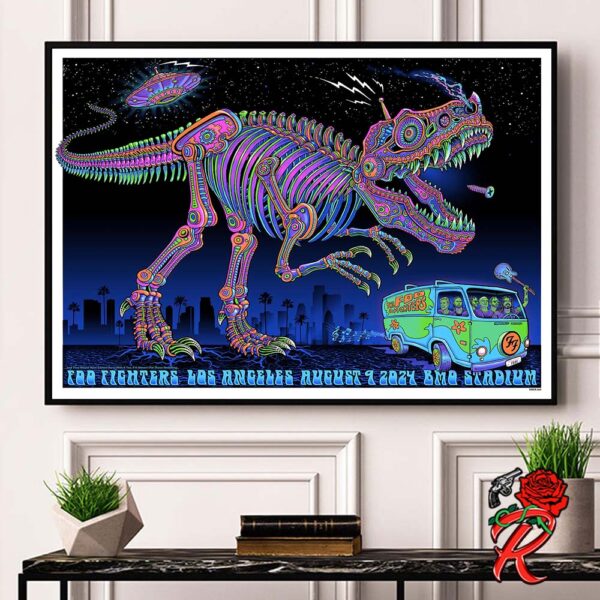 Foo Fighters Poster For Los Angeles Night 1 At BMO Stadium On August 9 2024 Alien With Mechanic T Rex And the Mystery Machine Scooby Doo Theme Decor Poster Canvas