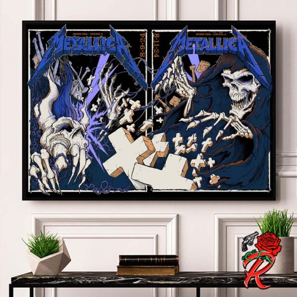 Metallica M72 Chicago IL Full Show Combined Poster For Soldier Field On August 9 And 11 2024 M72 North American Tour 2024 Skeletons With Graves Home Decor Poster Canvas