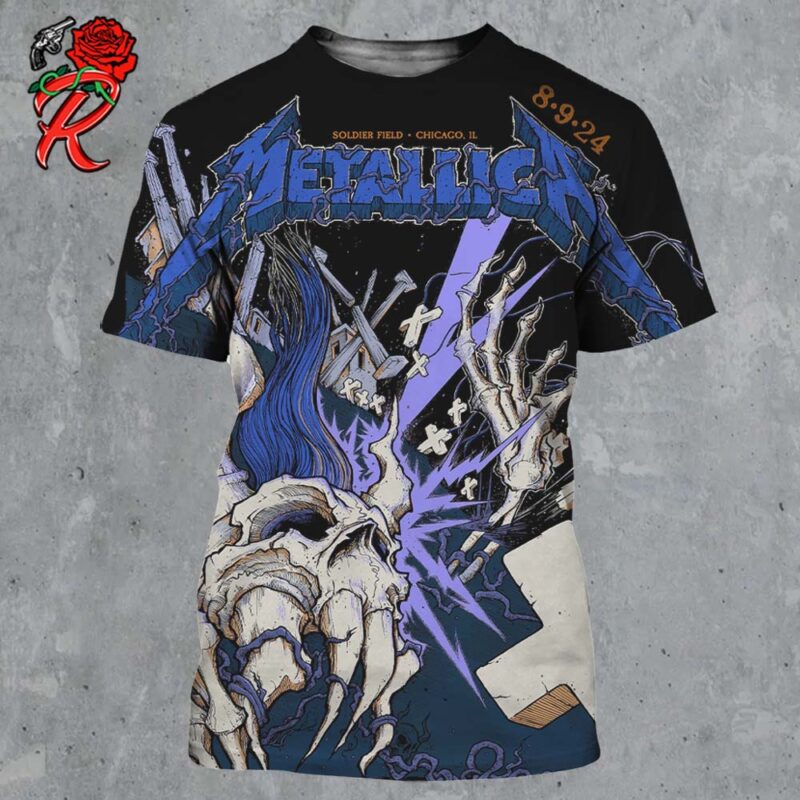 Metallica M72 Chicago IL Night 1 Merch Poster For Soldier Field On August 9 2024 M72 North American Tour 2024 Skeleton Graves Artwork All Over Print Shirt