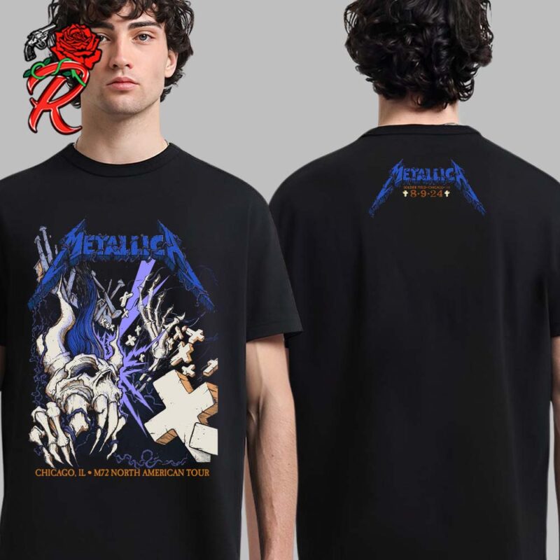 Metallica M72 Chicago IL Night 1 Merch Tee For Soldier Field On August 9 2024 M72 North American Tour 2024 Skeleton Graves Artwork Two Sides Unisex T Shirt