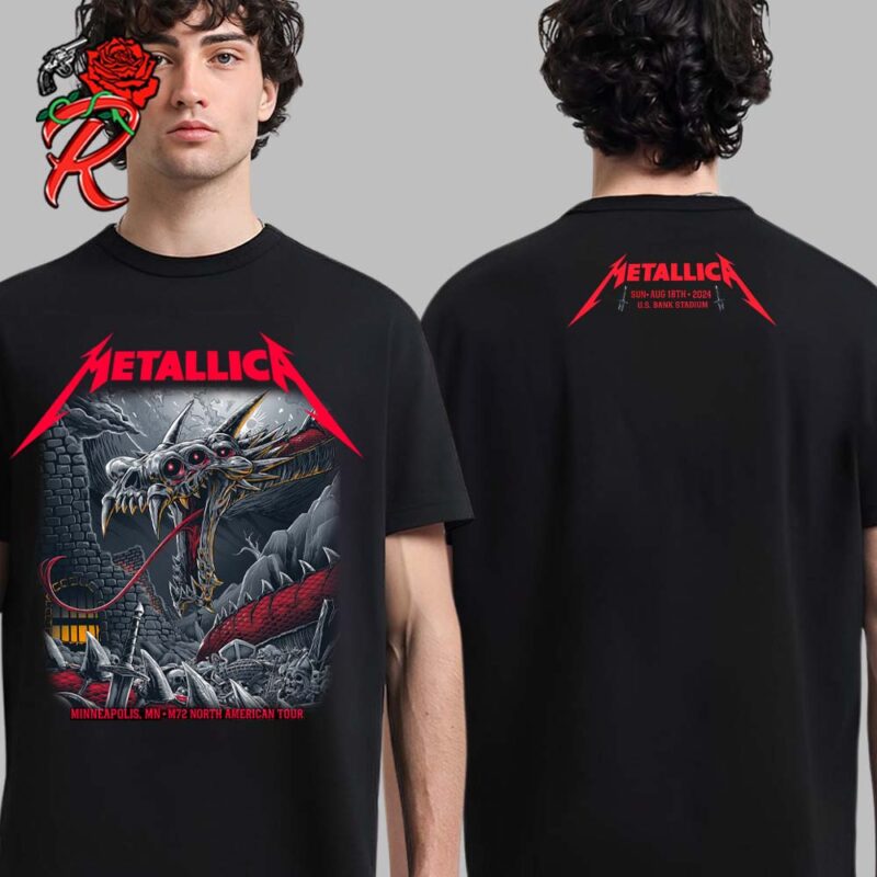 Metallica M72 Minneapolis MN Night 2 Merch Tee For The Show At US Bank Stadium On August 18 2024 The Serpent Artwork M72 North American Tour Two Sides Unisex T Shirt