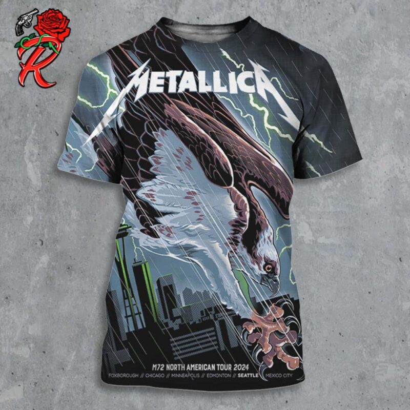 Metallica M72 Seattle Washington Pop Up Shop Poster At Lumen Field On August 30 And September 1 2024 M72 North American Tour The Bald Eagle Artwork All Over Print Shirt