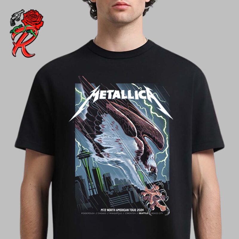 Metallica M72 Seattle Washington Pop Up Shop Poster At Lumen Field On August 30 And September 1 2024 M72 North American Tour The Bald Eagle Artwork Unisex T Shirt