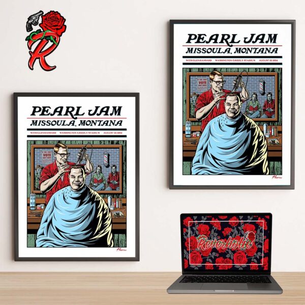 Pearl Jam Event Merch Poster For Missoula Montana At Washington Grizzly Stadium On August 22 2024 The Barber Shop Artwork By Justin Hampton Home Decor Poster Canvas