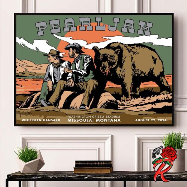 Pearl Jam Event Merch Poster For Missoula Montana At Washington Grizzly Stadium On August 22 2024 The Cowboys And The Bear Artwork By Cyrus Walker Home Decor Poster Canvas