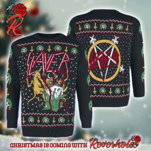 Slayer Hell Awaits Devils Open Gift Knitted Ugly Christmas Sweater