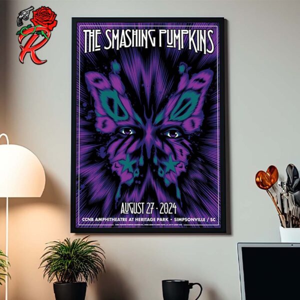 The Smashing Pumpkins Concert Poster For Simpsonville SC At CCNB Amphitheatre At Heritage Park On August 27 2024 The Butterfly Artwork Wall Decor Poster Canvas