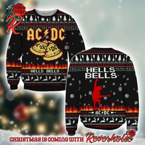 ACDC Angus Young Hells Bells With Flames And Reindeer Pattern Classic Gift For Fans Christmas Ugly Sweater