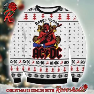 ACDC Angus Young In Throne With Snowflakes Pattern Classic Knitted White Christmas Ugly Sweater