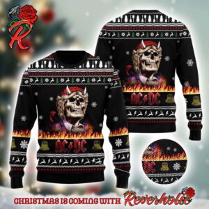 ACDC Angus Young Skeleton Holiday Style In Flame 2024 Christmas Ugly Sweater