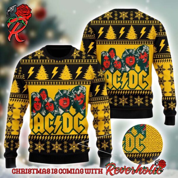 ACDC Band Funny Graphics Snowflakes And Thunder Pattern Knitted Yellow Ugly Christmas Sweater