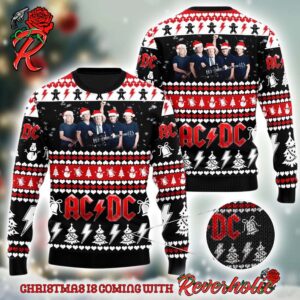 ACDC Band Members Photo With Santa Hats Holiday 2024 Ugly Christmas Sweater