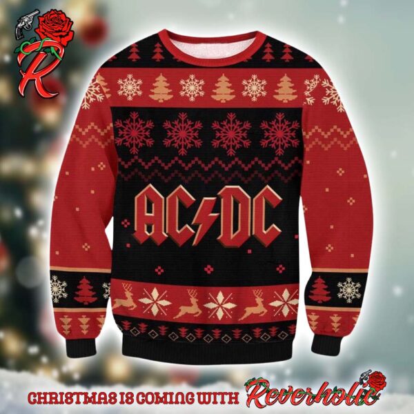 ACDC Classic Logo With Snowflakes And Reindeer Pattern Knitted Black And Red Ugly Christmas Sweater