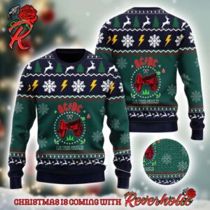 ACDC For Those To Have A Great Christmas Xmas Wreath Knitted Green Ugly Christmas Sweater