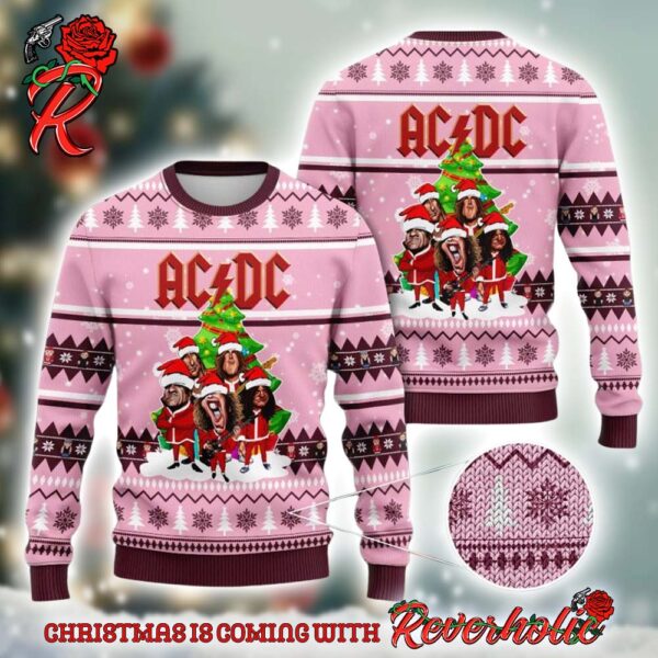 ACDC Funny Band Graphics Vintage Knitted Pink Christmas Ugly Sweater