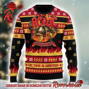 ACDC Jingle Hells Bells Let There Be Christmas With Flames Pattern Knitted 2024 Christmas Ugly Sweater