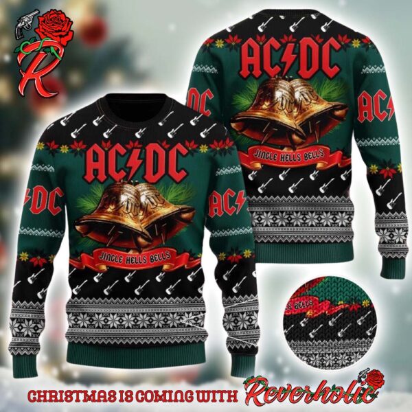 ACDC Jingle Hells Bells With Signature Bells Art Electric Guitar Pattern 2024 Ugly Christmas Sweater