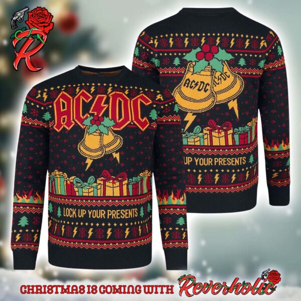 ACDC Lock Up Your Presents Jingle Bells Holiday 2024 Knitted Ugly Christmas Sweater