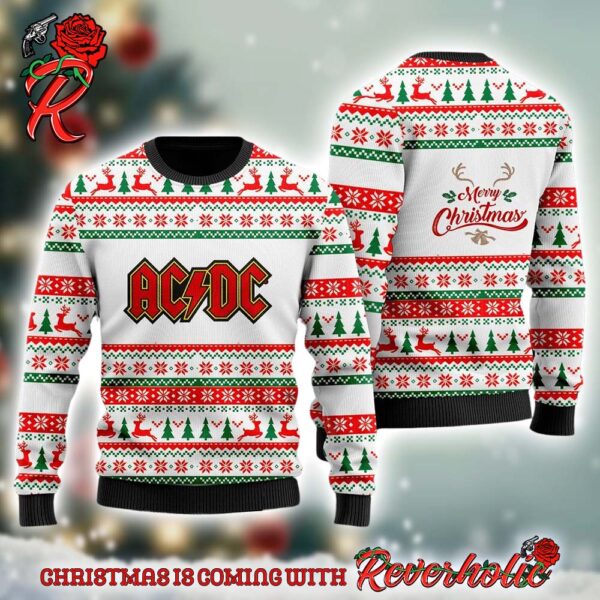 ACDC Merry Christmas Signature Holiday Pattern Knitted White Christmas Ugly Sweater