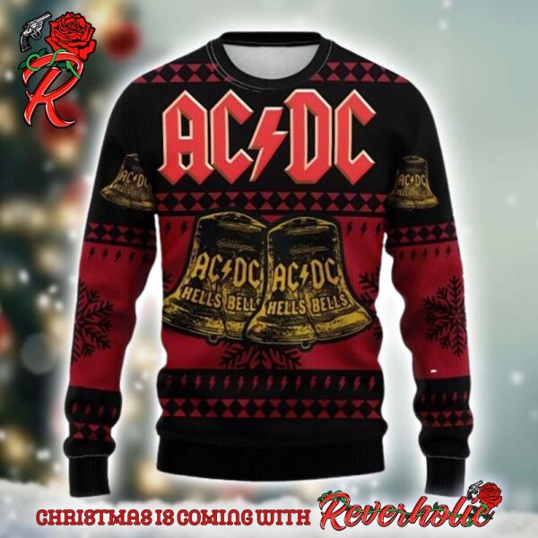 ACDC Signature Hells Bells Xmas 2024 Knitted Red And Black Christmas Ugly Sweater