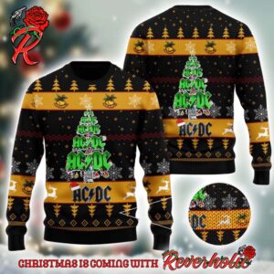 ACDC Signature Logo Christmas Tree Black And Gold Knitted Ugly Christmas Sweater