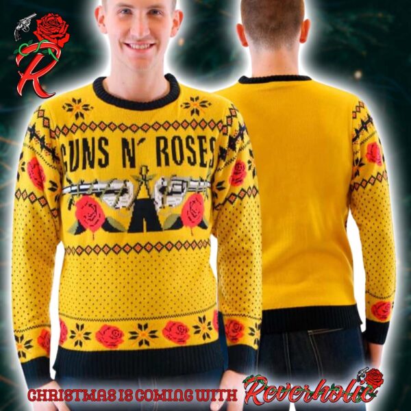 Guns N Roses Big Signature Logo Knitted Mustard Ugly Christmas Sweater