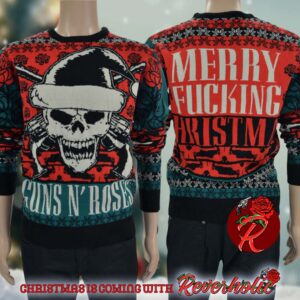 Guns N Roses Big Skull With Santa Hat Signature Logo Merry Fucking Christmas Ugly Christmas Sweater