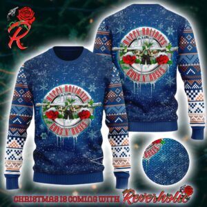 Guns N Roses Happy Holidays Snowy Logo Band Knitted Blue 2024 Ugly Christmas Sweater