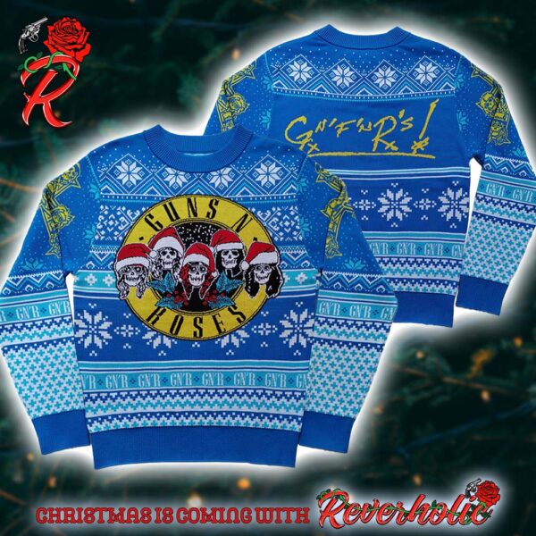 Guns N Roses Iconic Skull Images Band Wearing Santa Hats Blue Knitted Ugly Christmas Sweater