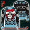 Guns N Roses Iconic Skull Images Band Wearing Santa Hats Blue Knitted Ugly Christmas Sweater